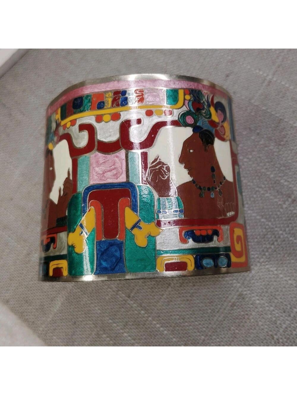 Vintage Cuff Bracelet Egyptian Revival Warrior Colorful Cloisonné Enamel 7.25"